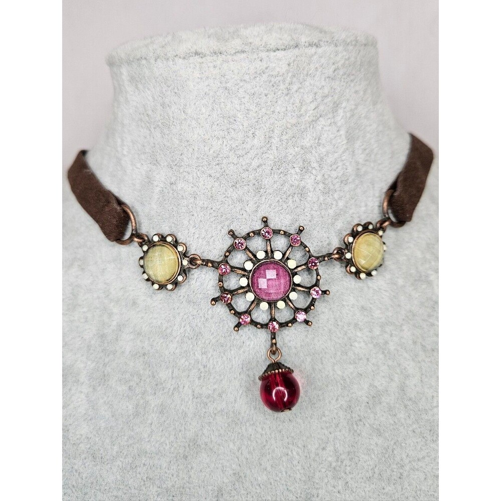 VTG Guess Copper Boho Medallion Station Choker Necklace Pink Rhinestone 16-19”